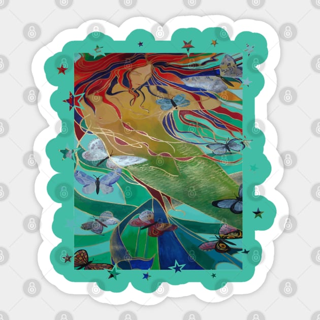 Mermaid Swimming with Butterflies Fantasy Art Sticker by taiche